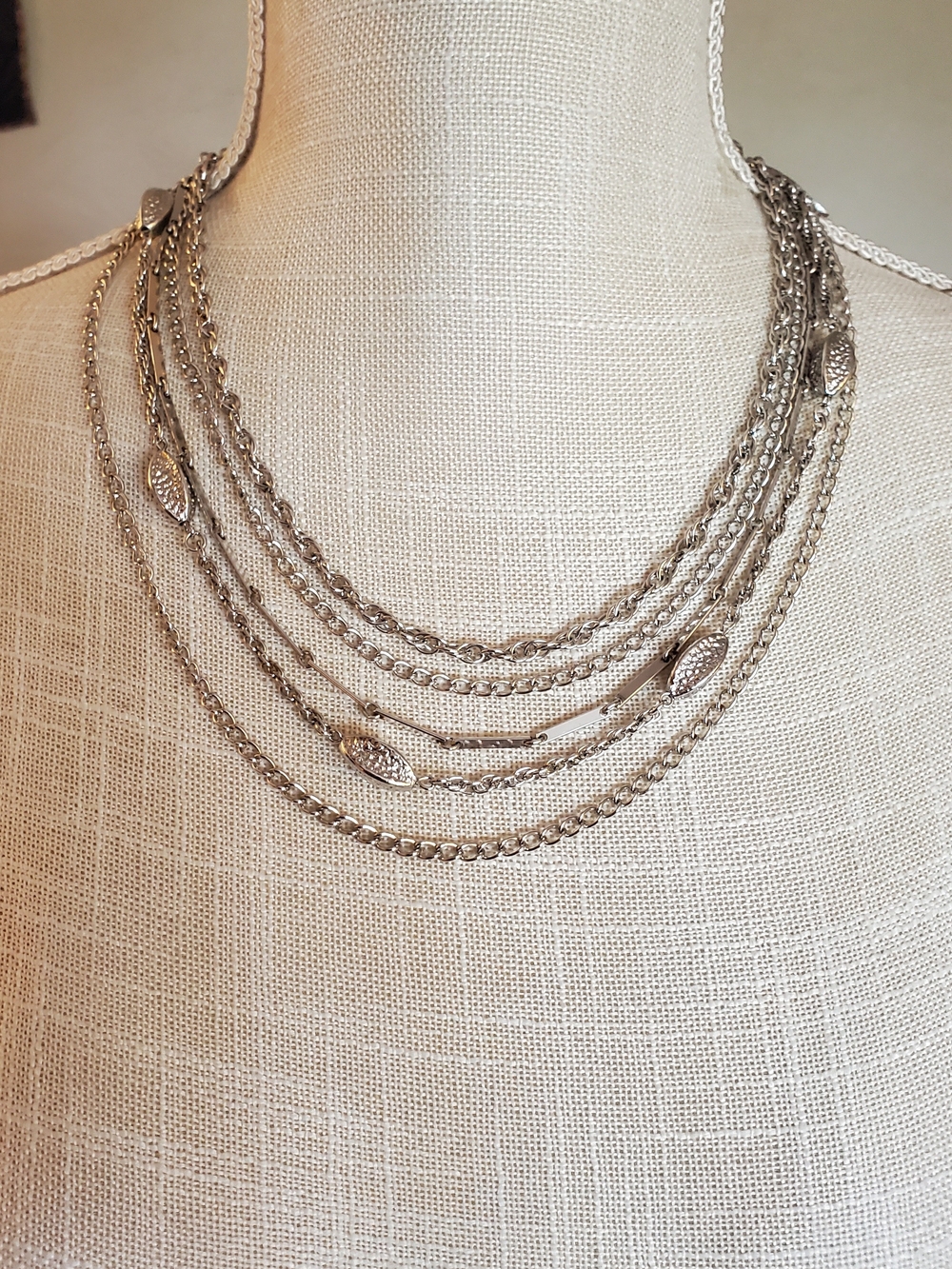 Vintage CORO signed Bright Silver Tone 5 Strand Necklace Excellent Condition